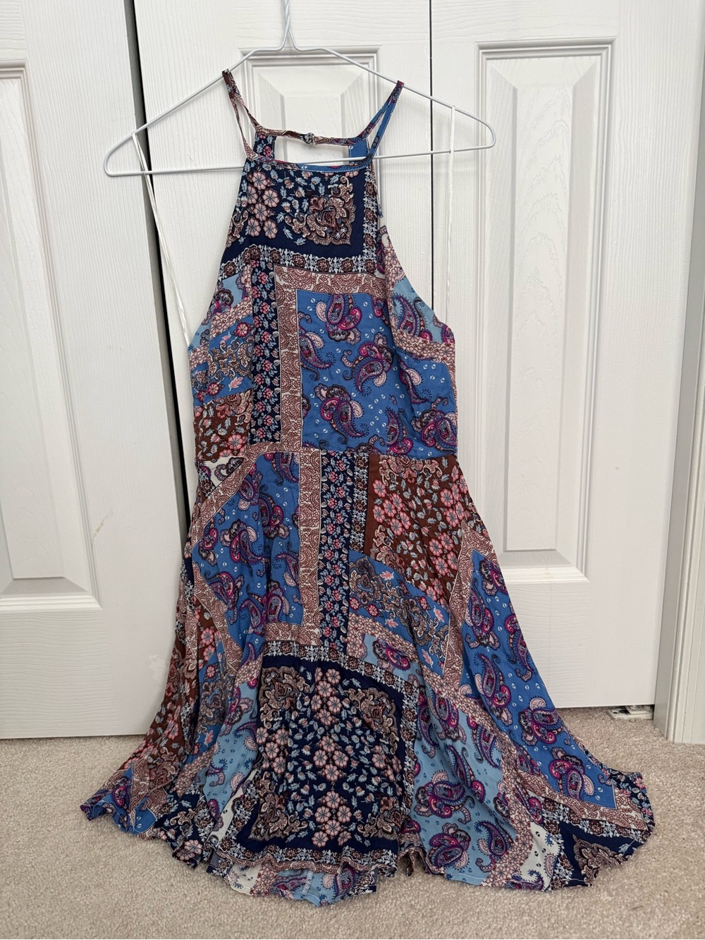 Lulu's Blue and Brown Patchwork Paisley Halter Mini Dress